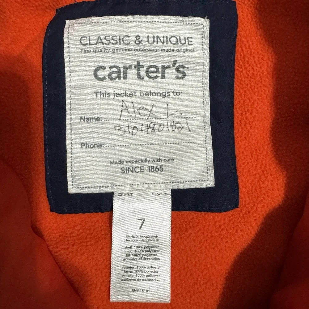 Carter's Boy‎ Quilted Puffer Jacket Size 7 Navy Orange Full Zip Classic & Unique